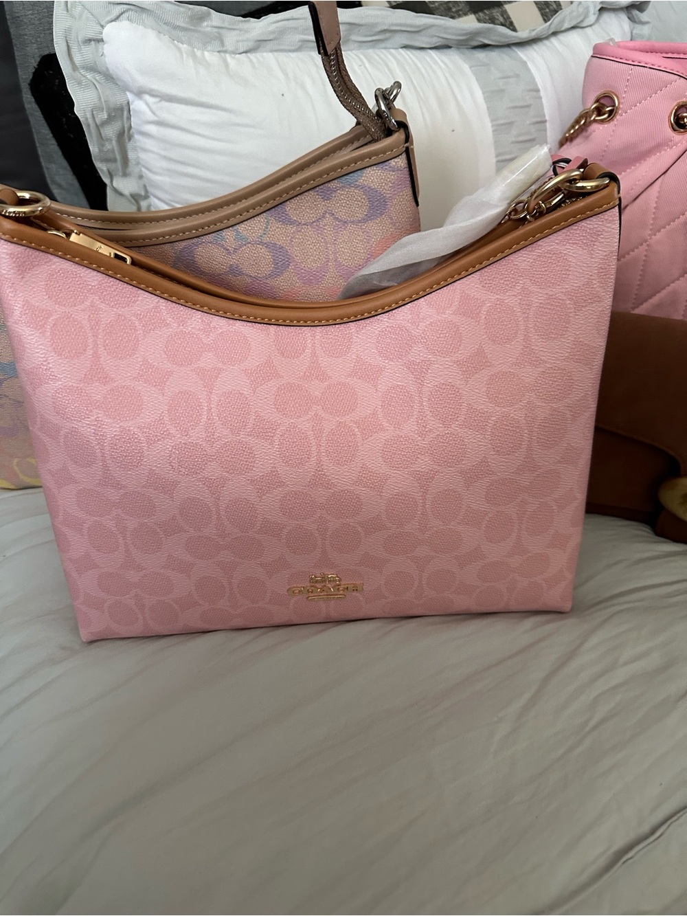 Coach Pink Signature Canvas Shoulder Bag with Tan Trim